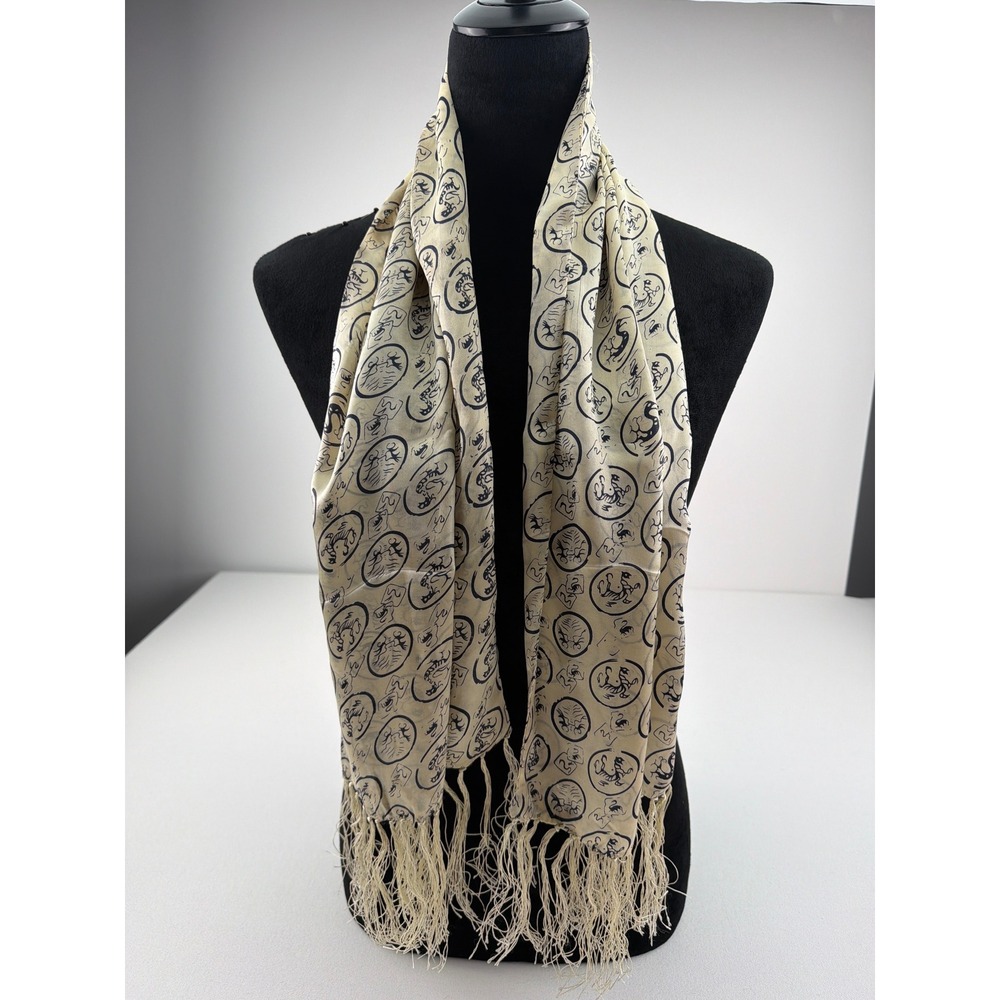 Silk Scarf Chinese Zodiac Print Fringed Elegant